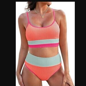 Herseas Brand Women's Medium NWOT Orange Pink Colorblock Ribbed Bikini Swimsuit